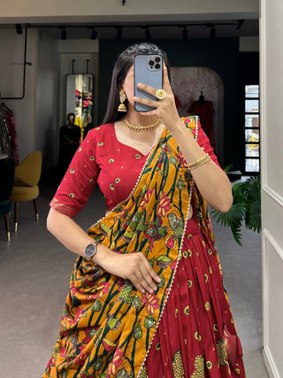 Red Kalamkari Print Silk Lehenga ClothsVilla