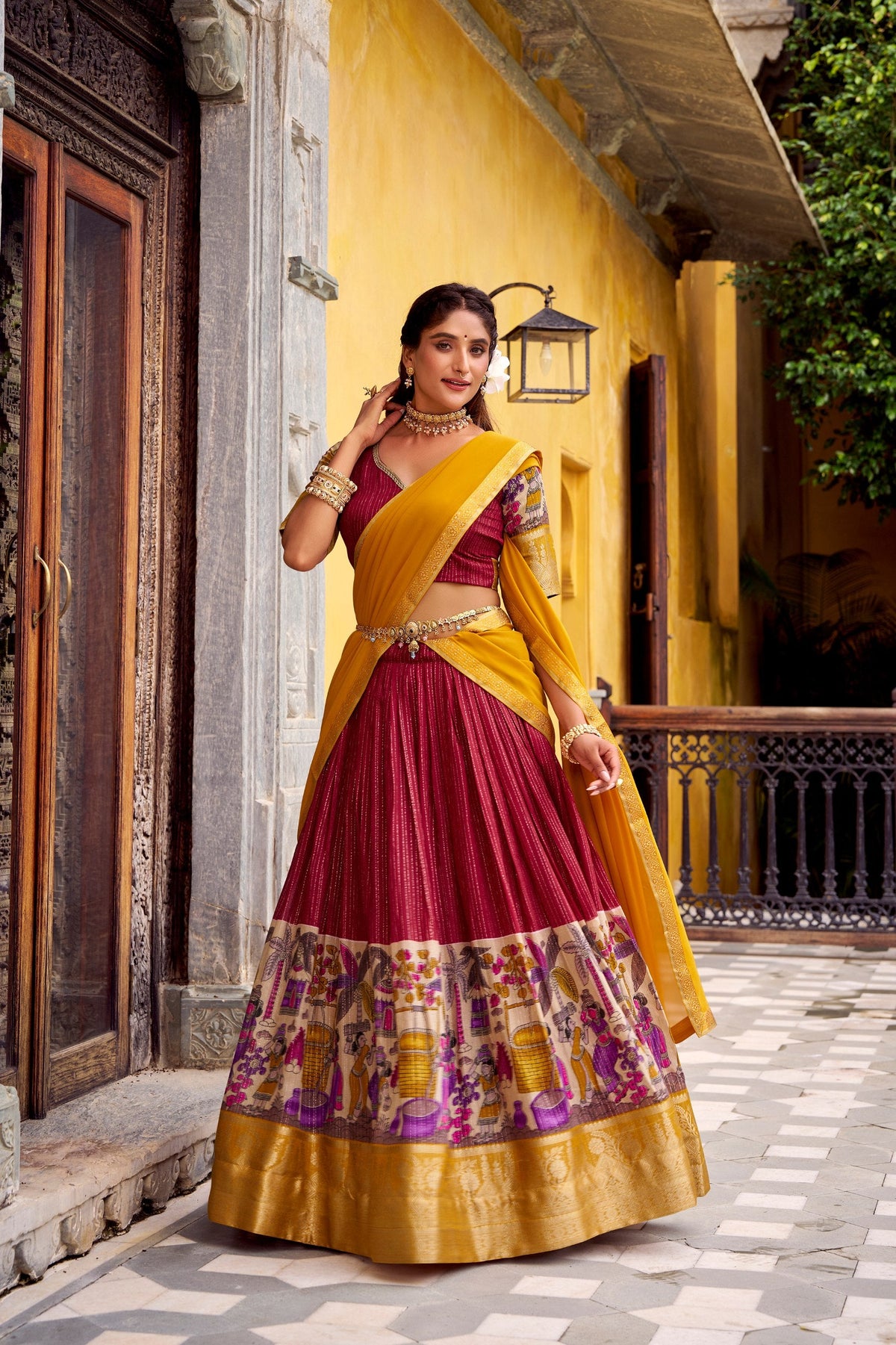 Red Kalamkari Printed Poly Chanderi Lehenga Set with Georgette Dupatta ClothsVilla Main image
