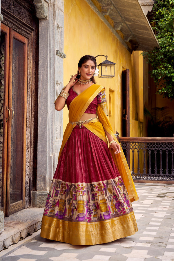 Red Kalamkari Printed Poly Chanderi Lehenga Set with Georgette Dupatta ClothsVilla