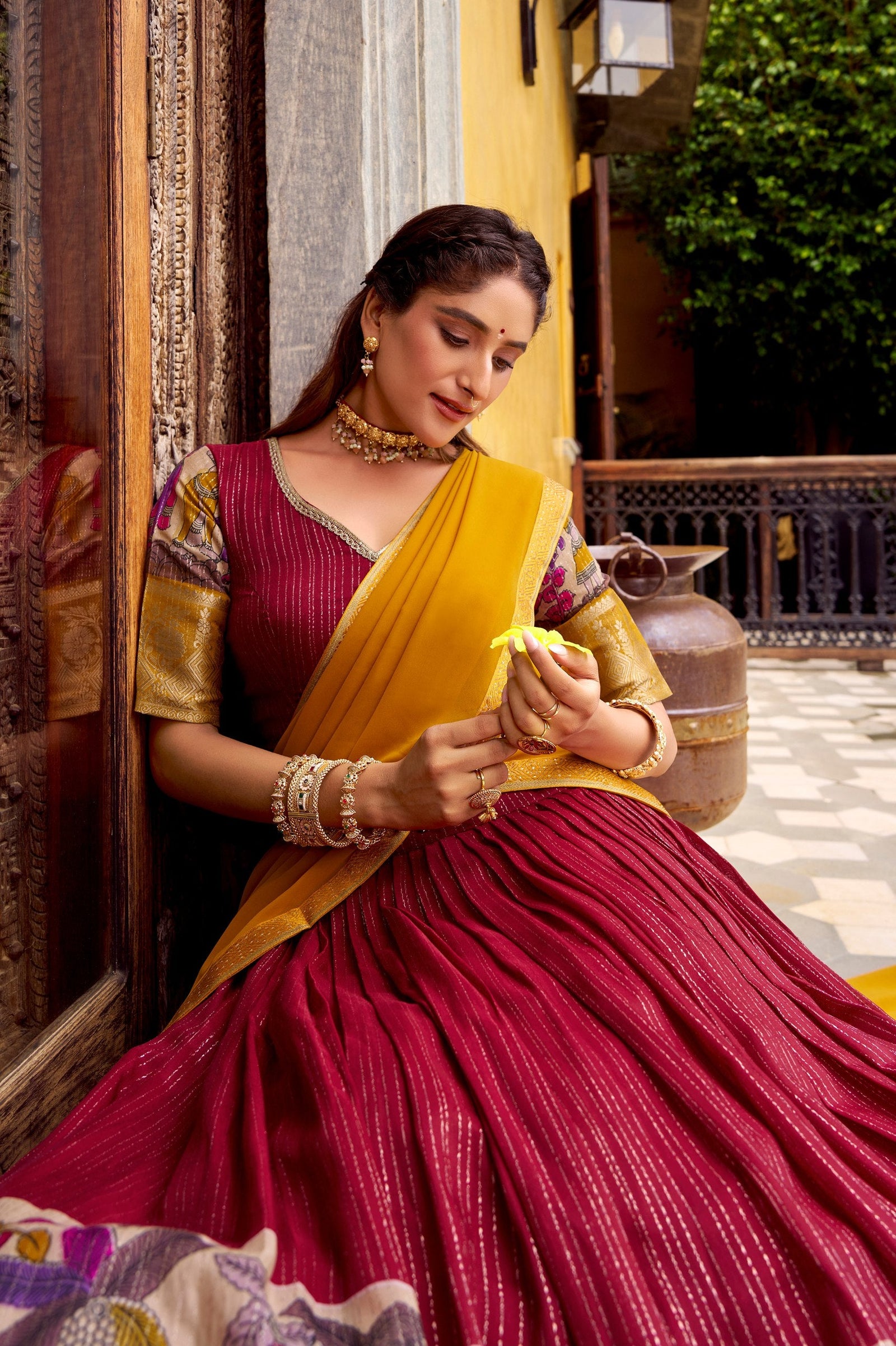 Red Kalamkari Printed Poly Chanderi Lehenga Set with Georgette Dupatta ClothsVilla