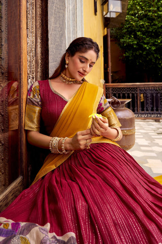 Red Kalamkari Printed Poly Chanderi Lehenga Set with Georgette Dupatta ClothsVilla