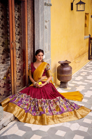 Red Kalamkari Printed Poly Chanderi Lehenga Set with Georgette Dupatta ClothsVilla