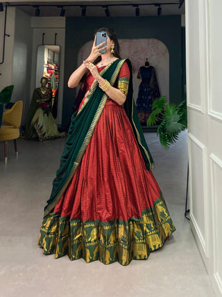 Red Kalyani Cotton Lehenga Choli Set with Flowy Georgette Dupatta for Timeless Elegance ClothsVilla