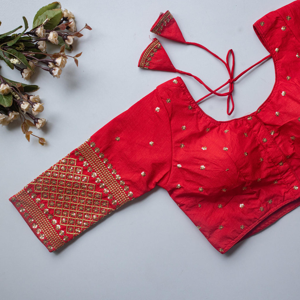 Red Kashish Silk Blouse with Beautiful Embroidery and Sequined Touch ClothsVilla