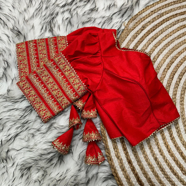 Red Kilmora Silk Blouse with Handcrafted Embroidery and Sequence Accents ClothsVilla