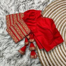 Load image into Gallery viewer, Red Kilmora Silk Blouse with Handcrafted Embroidery and Sequence Accents ClothsVilla