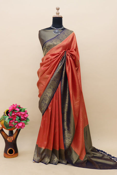 Red Kuber Soft Silk Saree with Exquisite Golden Jari Work & Matching Blouse ClothsVilla Main image