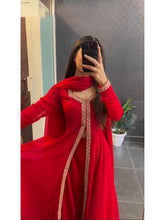 Load image into Gallery viewer, Red Kurta Set with Beautiful Lace Border: Radiate Elegance on Karwa Chauth ClothsVilla