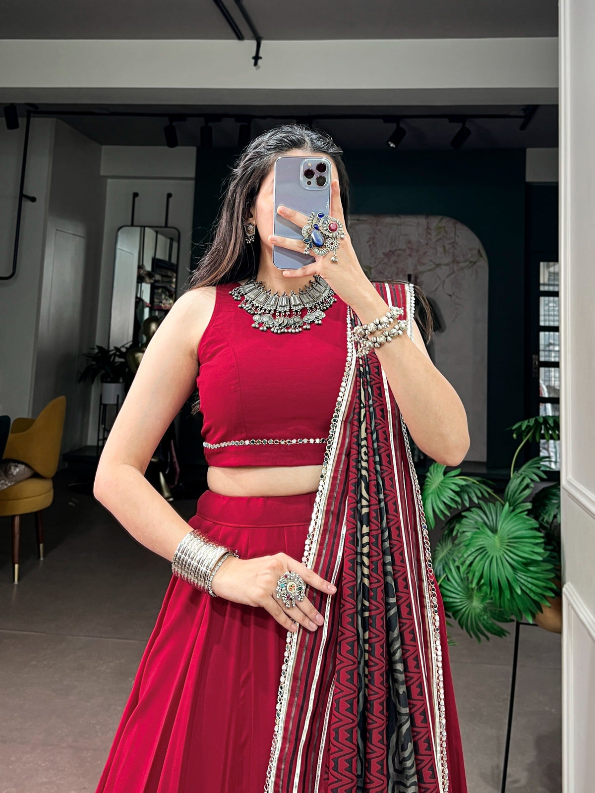 Red Lehenga Choli with Mirror Work ClothsVilla