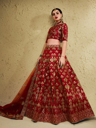 Red Art Silk Lehenga Choli with Zari & Sequin Embroidery ClothsVilla