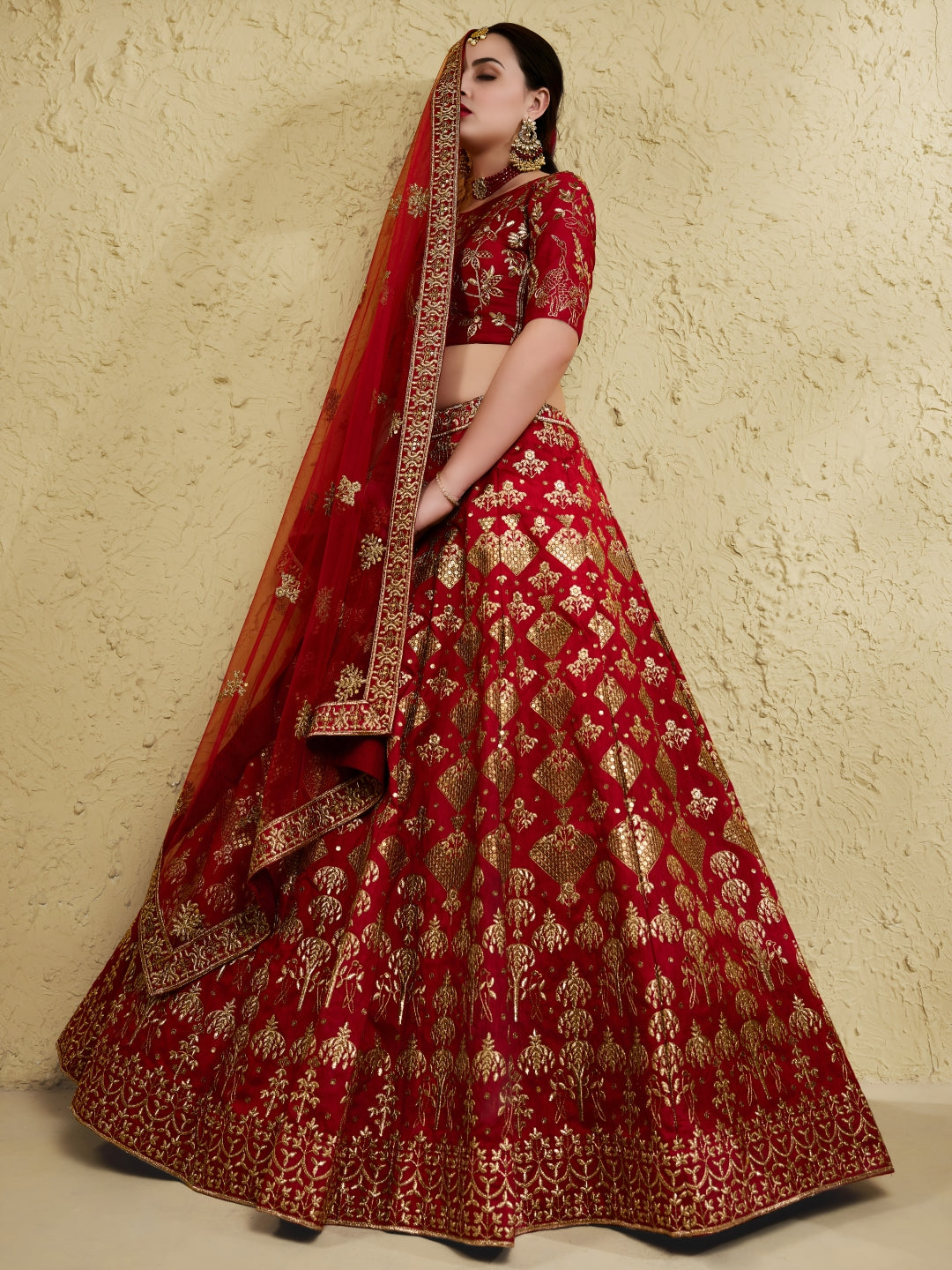 Red Art Silk Lehenga Choli with Zari & Sequin Embroidery ClothsVilla