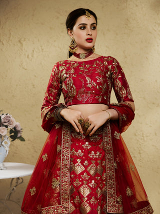 Red Art Silk Lehenga Choli with Zari & Sequin Embroidery ClothsVilla