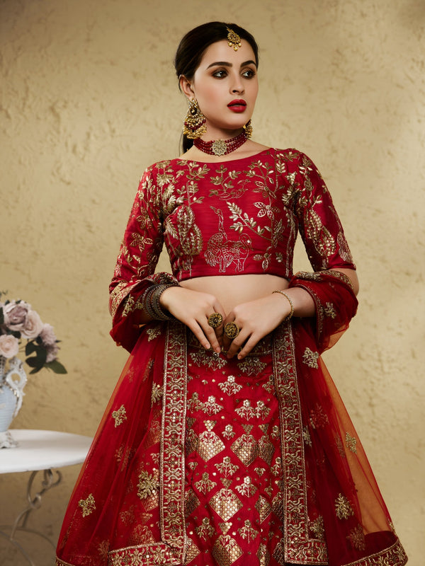 Red Art Silk Lehenga Choli with Zari & Sequin Embroidery ClothsVilla