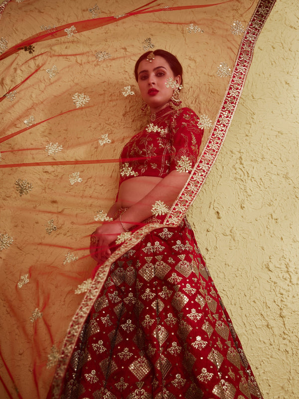 Red Art Silk Lehenga Choli with Zari & Sequin Embroidery ClothsVilla