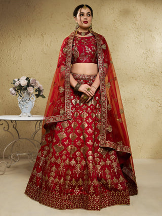 Red Art Silk Lehenga Choli with Zari & Sequin Embroidery ClothsVilla