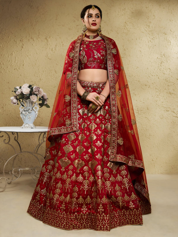 Red Art Silk Lehenga Choli with Zari & Sequin Embroidery ClothsVilla