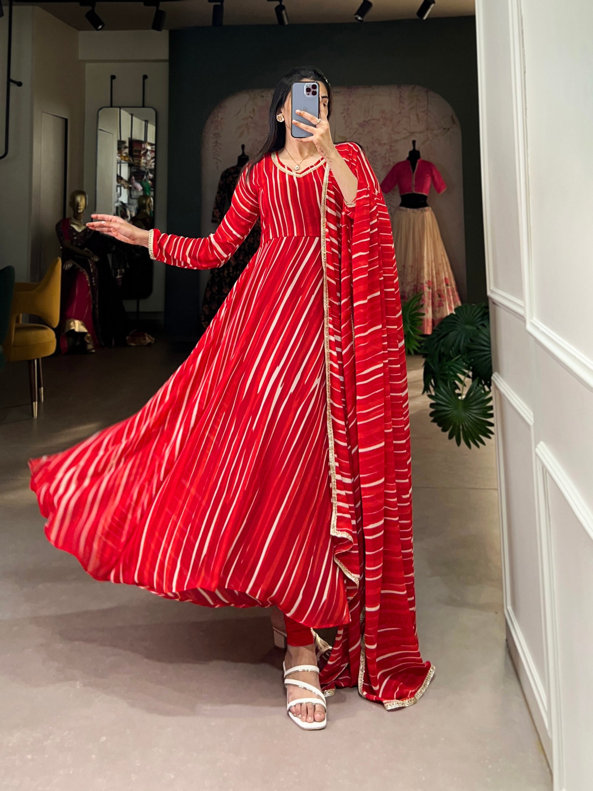Red Leheriya Georgette Gown with Dupatta – Festive Elegance with Lace Touch-Up