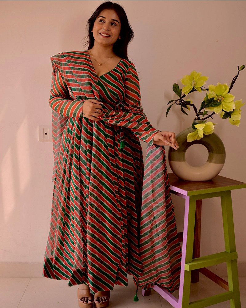 Red Leheriya Printed Anarkali Suit ClothsVilla
