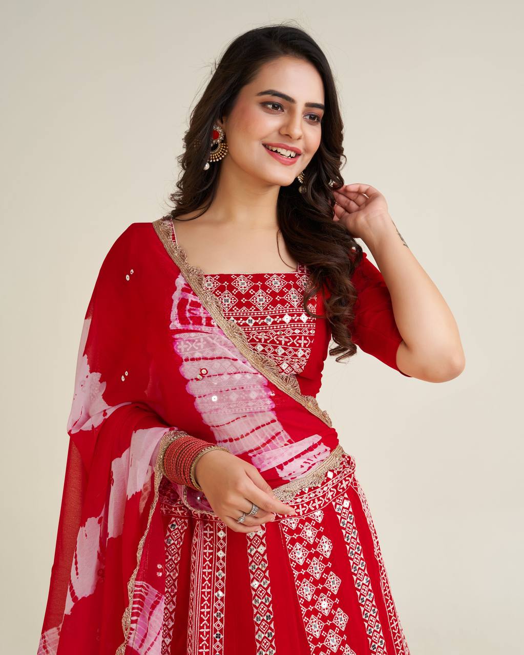 Red Lost in the Beauty of Tradition – Exquisite Faux Georgette Lehenga Set ClothsVilla