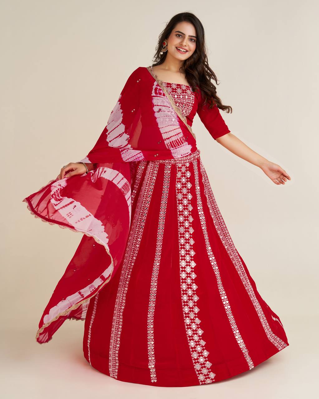 Red Exquisite Faux Georgette Lehenga Set Secondary image