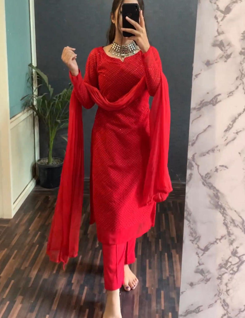 Red Lucknowi Georgette Kurti Suit with Palazzo & Organza Dupatta ClothsVilla