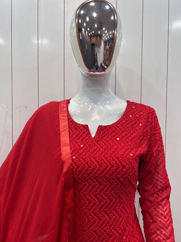 Red Lucknowi Georgette Kurti Suit with Palazzo & Organza Dupatta ClothsVilla