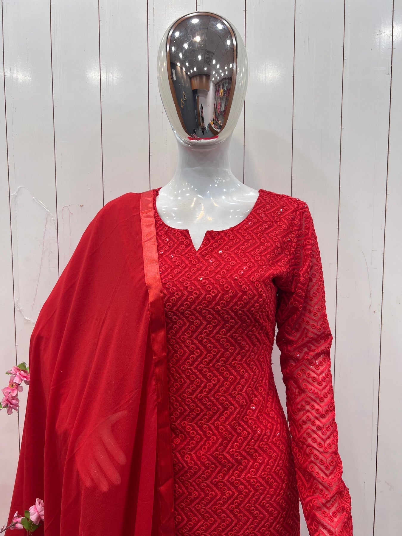 Red Lucknowi Georgette Kurti Suit with Palazzo & Organza Dupatta ClothsVilla