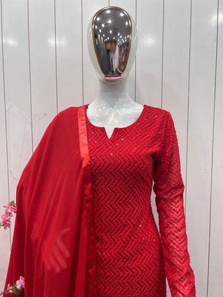 Red Lucknowi Georgette Kurti Suit with Palazzo & Organza Dupatta ClothsVilla
