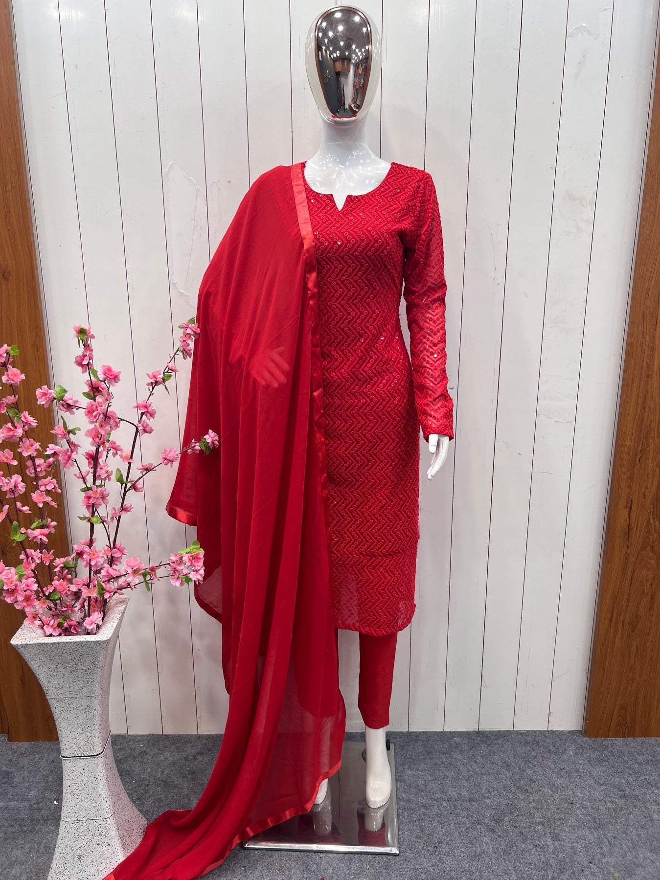 Red Lucknowi Georgette Kurti Suit with Palazzo & Organza Dupatta ClothsVilla