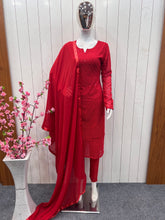 Load image into Gallery viewer, Red Lucknowi Georgette Kurti Suit with Palazzo &amp; Organza Dupatta ClothsVilla