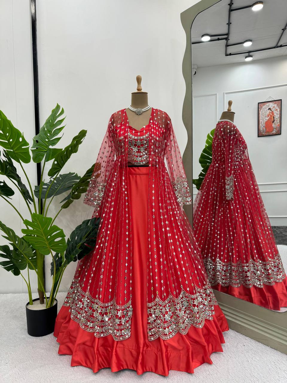 Red Luxe Radiance Lehenga Choli Set with Stylish Koti – Japan Satin & Butterfly Net with Sequin Embroidery ClothsVilla