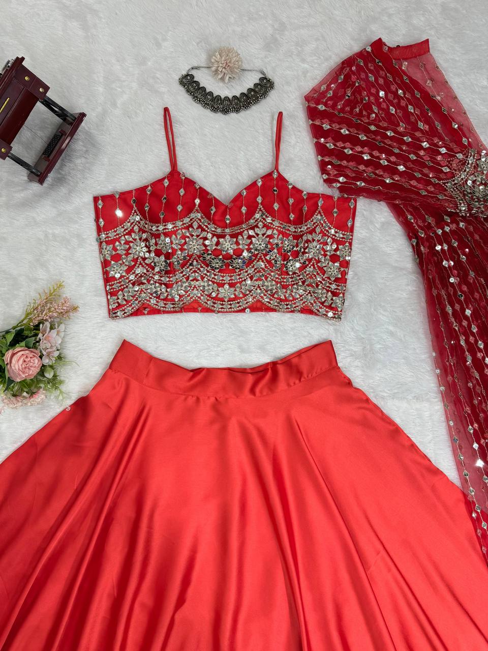 Red Luxe Radiance Lehenga Choli Set with Stylish Koti – Japan Satin & Butterfly Net with Sequin Embroidery ClothsVilla