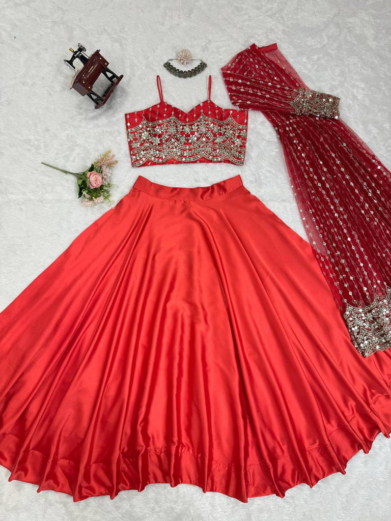 Red Luxe Radiance Lehenga Choli Set with Stylish Koti – Japan Satin & Butterfly Net with Sequin Embroidery ClothsVilla