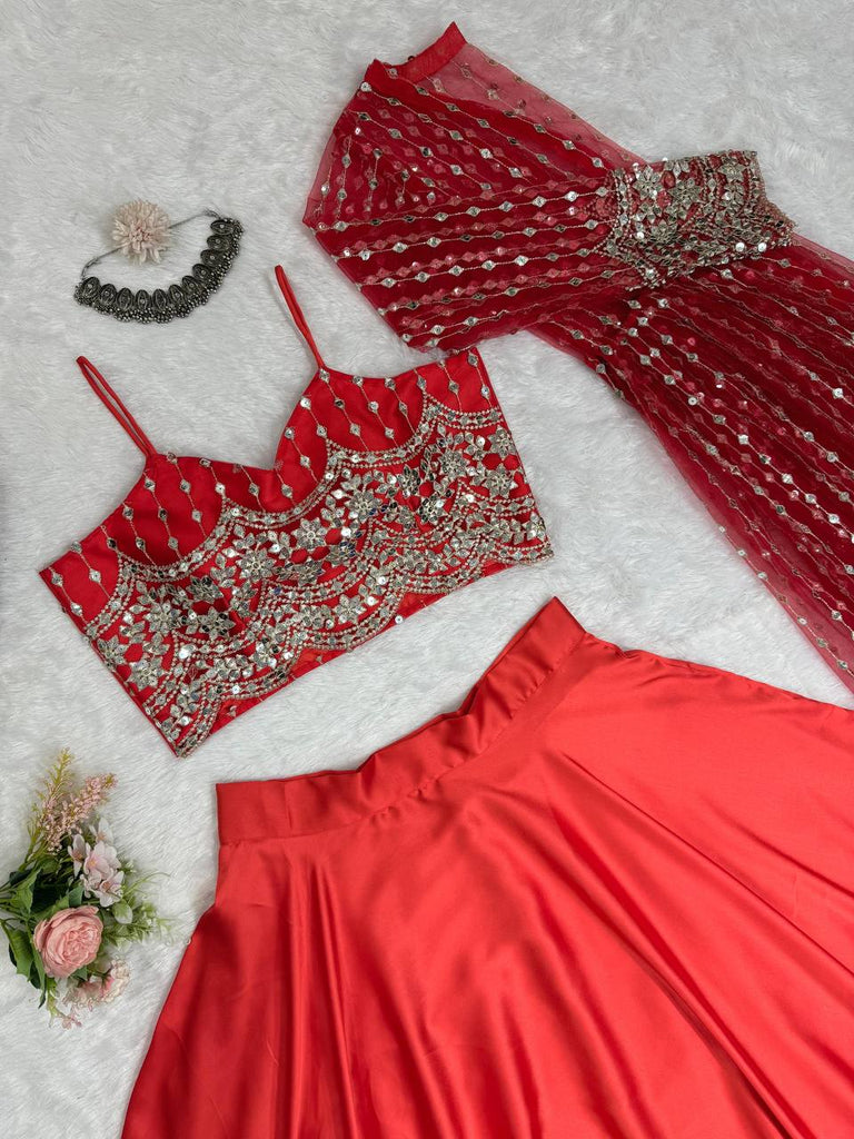 Red Luxe Radiance Lehenga Choli Set with Stylish Koti – Japan Satin & Butterfly Net with Sequin Embroidery ClothsVilla