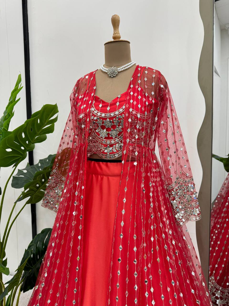 Red Luxe Radiance Lehenga Choli Set with Stylish Koti – Japan Satin & Butterfly Net with Sequin Embroidery ClothsVilla