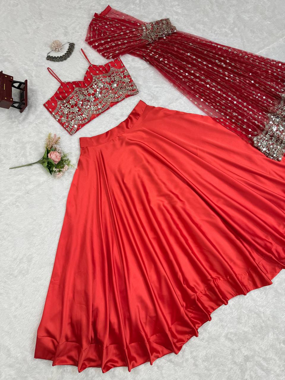 Red Luxe Radiance Lehenga Choli Set with Stylish Koti – Japan Satin & Butterfly Net with Sequin Embroidery ClothsVilla