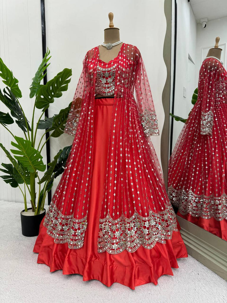 Red Luxe Radiance Lehenga Choli Set with Stylish Koti – Japan Satin & Butterfly Net with Sequin Embroidery ClothsVilla