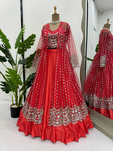 Red Luxe Radiance Lehenga Choli Set with Stylish Koti – Japan Satin & Butterfly Net with Sequin Embroidery ClothsVilla