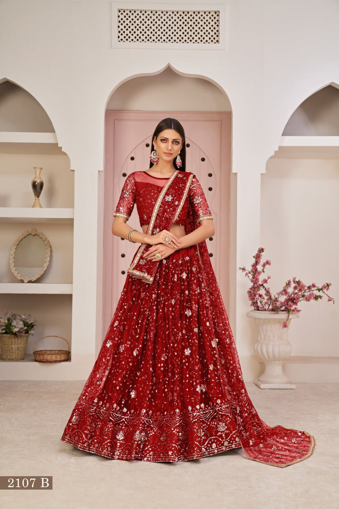 Red Luxurious Butterfly Net Lehenga with All-Over Embroidery Clothsvilla