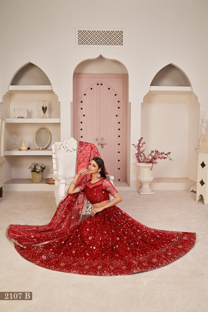 Red Luxurious Butterfly Net Lehenga with All-Over Embroidery Clothsvilla