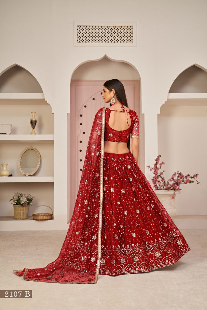 Red Luxurious Butterfly Net Lehenga with All-Over Embroidery Clothsvilla