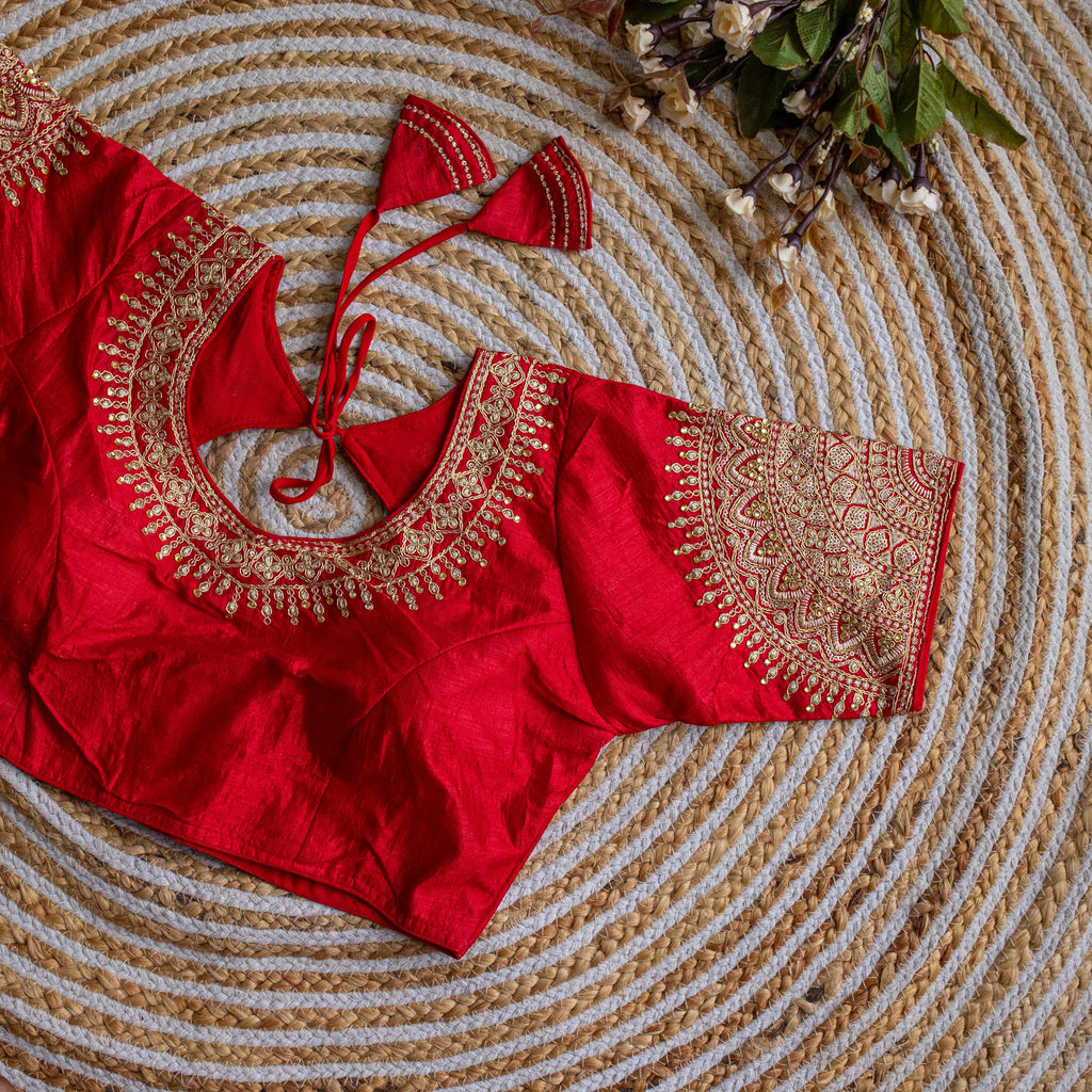 Red Luxurious Lucknowi Silk Blouse with Golden Embroidery and Sequins ClothsVilla