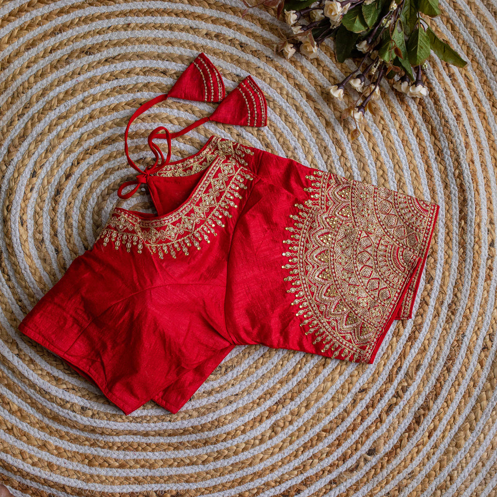 Red Luxurious Lucknowi Silk Blouse with Golden Embroidery and Sequins ClothsVilla