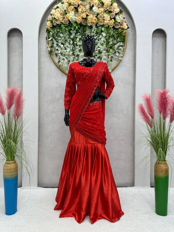 Red Luxury Altar Satin Ready-to-Wear Lehenga Set with Embroidered Choli & Dupatta ClothsVilla
