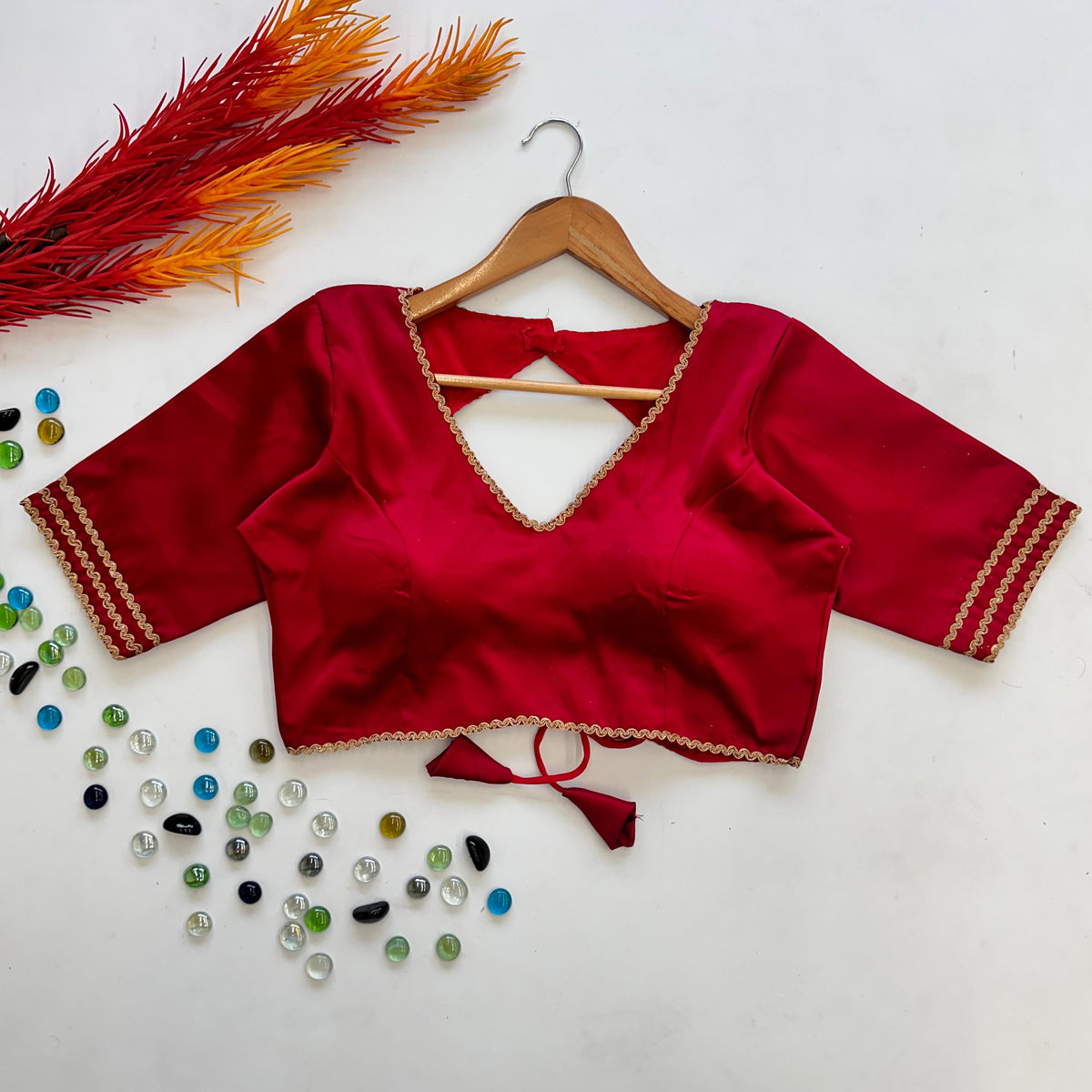 Red Manali Silk Blouse with Beautiful Sequin Lace Work ClothsVilla Main image