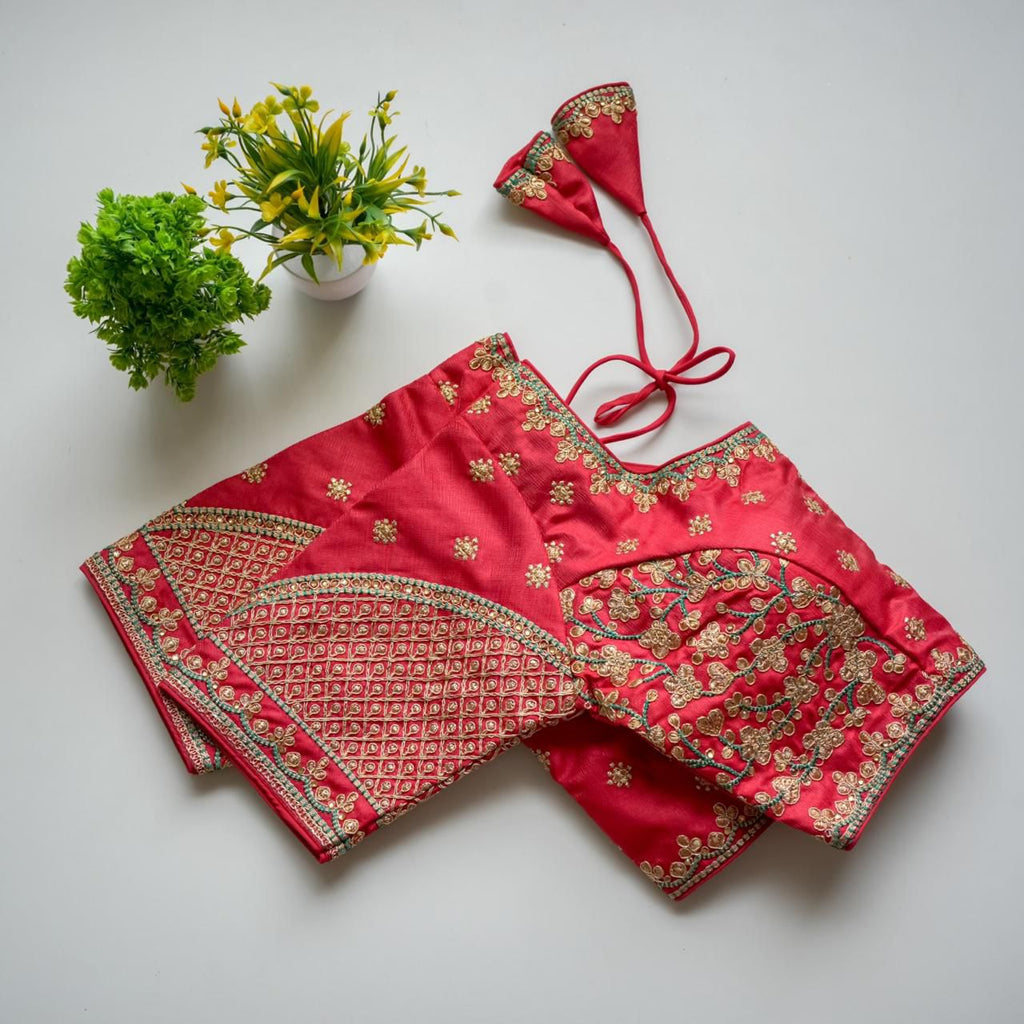 Red Mulmul Silk Blouse with Golden Embroidery and Sequins ClothsVilla