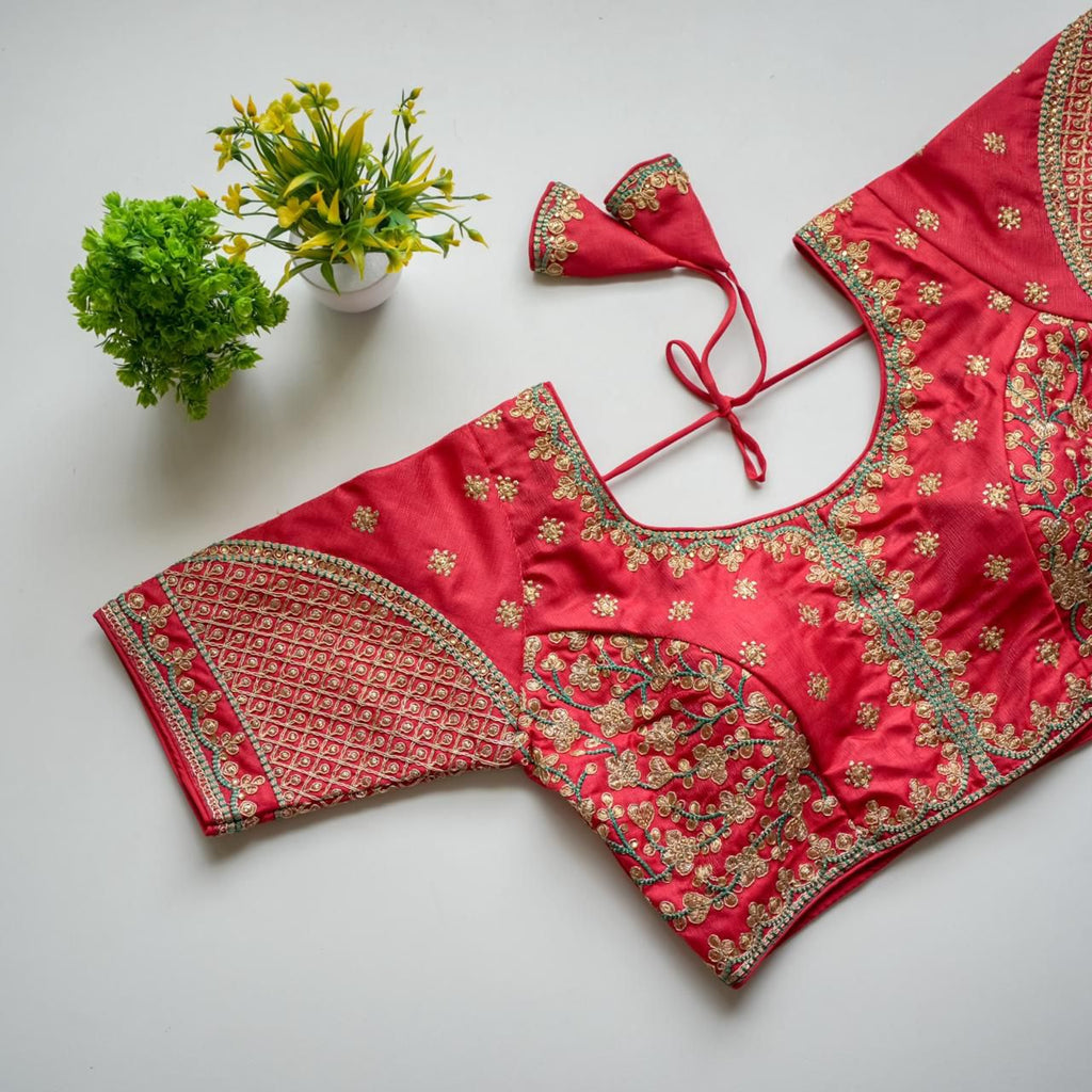 Red Mulmul Silk Blouse with Golden Embroidery and Sequins ClothsVilla