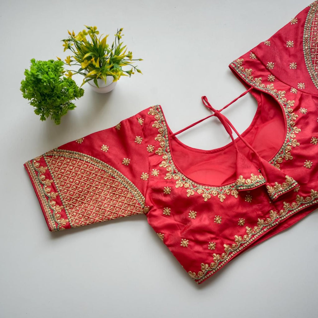 Red Mulmul Silk Blouse with Golden Embroidery and Sequins ClothsVilla