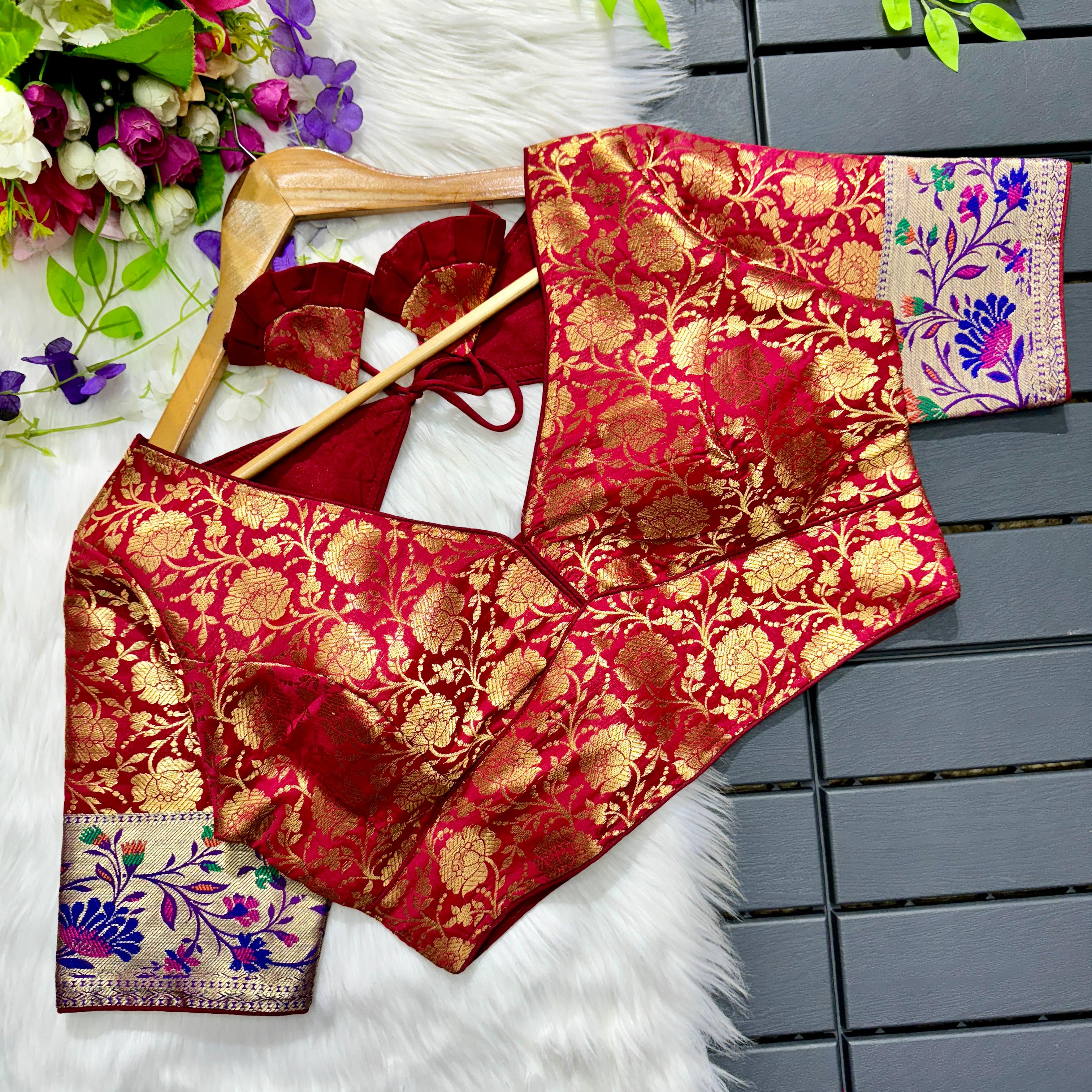 Red Multi Meena Work Pure Paithani Blouse ClothsVilla Main image