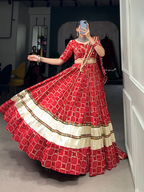 Red Navratri Lehenga Set with Gota Patti Work and Foil Print ClothsVilla Main image